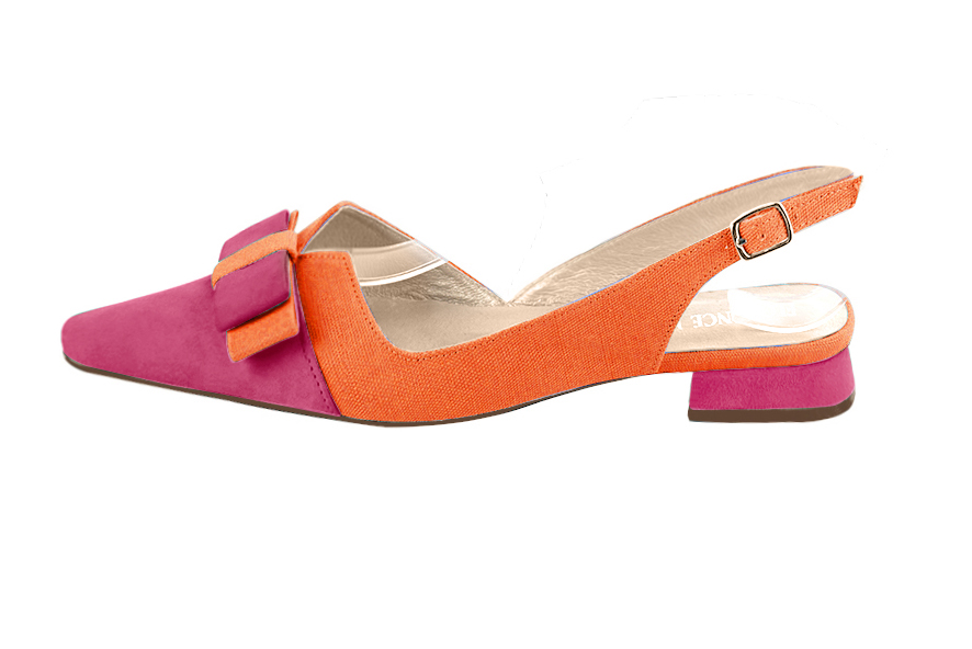 Women's fuchsia pink and clementine orange elegant slingback heels, with a bow on the front. Tapered toe. Flat block heels - Profile view
